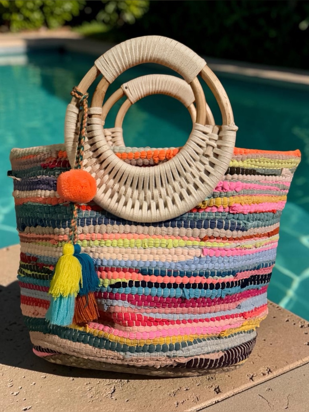 Colorful Woven Straw Tote with Round Wrapped Handles